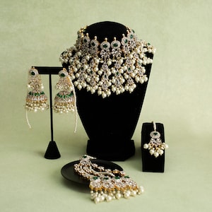 Indian Bridal jewelry, Hyderabadi Jewelry, pakistani gold pink jewelry, pakistani choker red set, Full Bridal Set with tikka jhumka jhumar