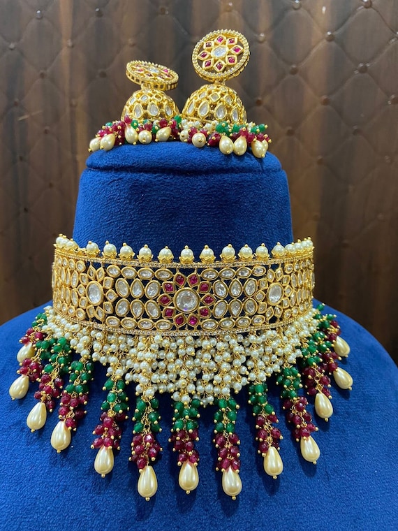 Kundan Choker Necklace Set: Gold Plated Indian Bridal Jewelry - Main Image
