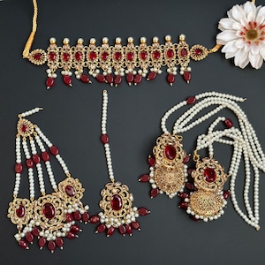 Ruby Red Pakistani Bridal Jewelry Set: Choker, Jhumka, Passa
