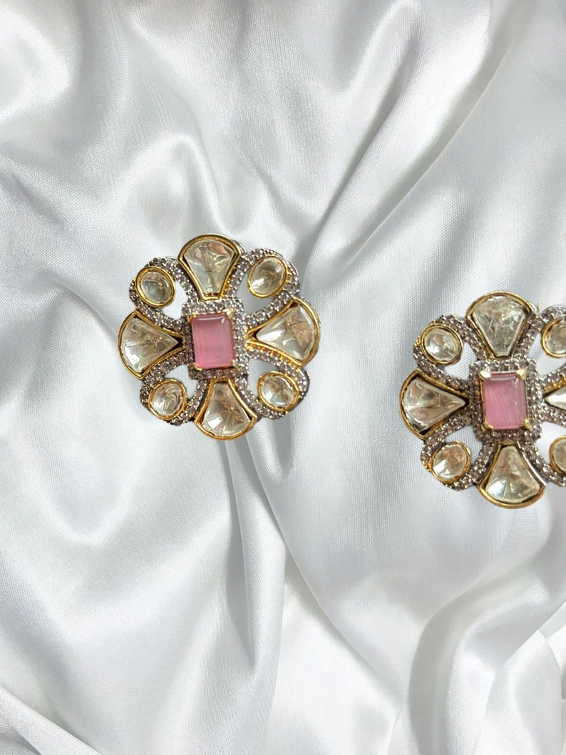 Uncut Pink Polki Diamond Studs/gold Stud Earrings/pink Kundan - Etsy
