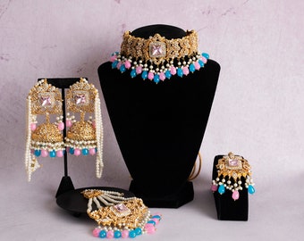 Conjunto de joyas para bodas indias, gargantilla Kundan rosa y azul, joyas nupciales pakistaníes, conjunto Passa Jhoomar, Mehndi Sangeet