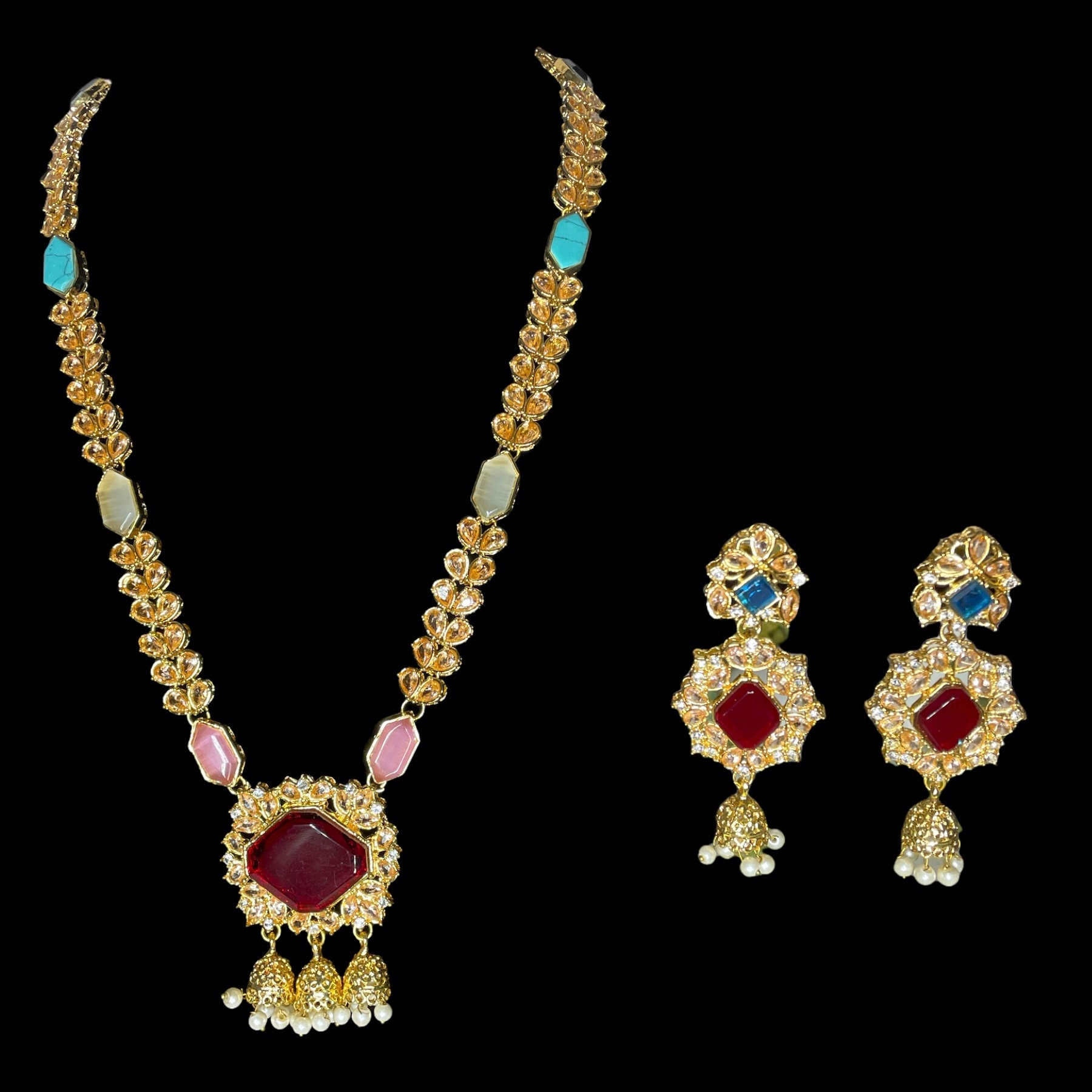Lange Rani Haar Rubin MultiPerle/Nauratan Indische Halskette/Kundan Jadau Halskette/Indischer Brautschmuck/Semi Precious Hyderabadi Statement Set