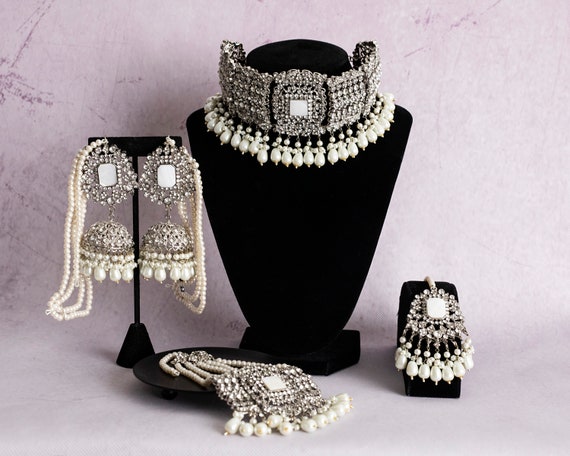 Handmade Bridal Jewelry Set: Silver Choker, Jhumka, Tikka Passa