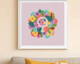 Feminist Cross Stitch Pattern: Venus Symbol Floral Embroidery (PDF Pattern)