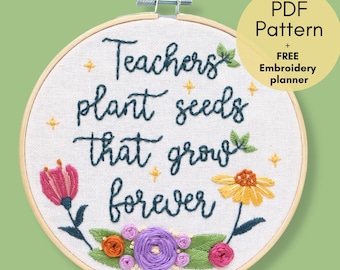 Teacher Appreciation Embroidery Pattern PDF, DIY Hand Embroidery Gift for Teacher, Teacher Affirmation Embroidery Design, Teacher embroidery