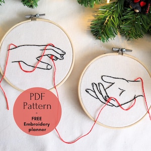 Pode incluir: Dois aros de bordado com desenhos de linhas pretas de mãos com fio vermelho enrolado em torno dos dedos. O texto "PDF Pattern + FREE Embroidery planner" está em um círculo vermelho.