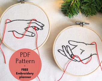 Red string of fate couple embroidery design PDF, Modern hand embroidery pattern, Handame gift for engaged couple, Hoop art diy embroidery