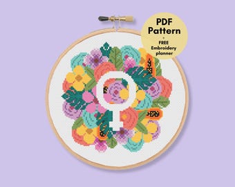 Feminist Floral Cross Stitch Pattern: Venus Symbol (Digital Download)