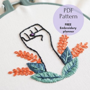 初心者向けの女性のエンパワーメントの手刺繍デザイン、フェミニストの刺繍パターン PDF、トートバッグの DIY 刺繍パターン