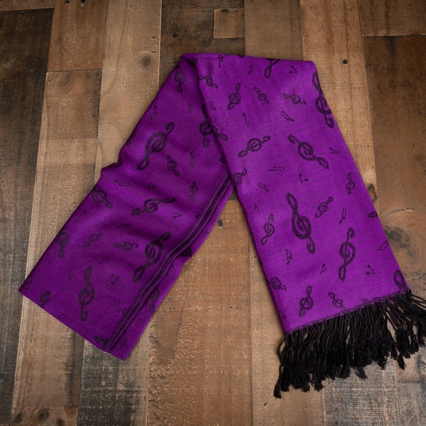 Pashmina Scarf with Treble Clefs and Black Music Notes  in Purple