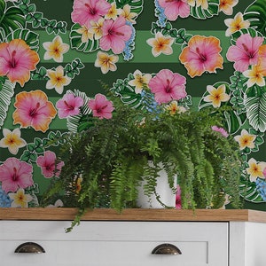 Carta da parati a righe verdi con fiori e foglie, Decorazione murale, Autoadesiva (stacca e incolla), Non autoadesiva (vinile/tradizionale)