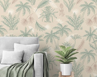 Tropische Pflanzentapete, Wandkunst, abnehmbar, selbstklebend (Schälen und Aufkleben) oder nicht selbstklebend (Vinyl), Wanddekor