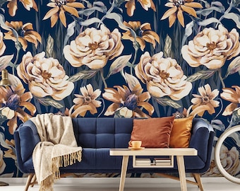 Navy Blue Floral Watercolor Wallpaper, Beige Flowers, Self Adhesive Wall Mural (Peel and Stick)