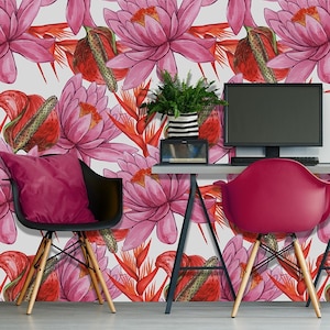 Papier peint floral aquarelle avec de grandes fleurs de nénuphar roses, décoration murale, papier peint autocollant, décoration murale