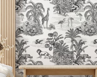 Tropical wallpaper with palm trees, lion, giraffe,flamingo, wall mural, peel and stick, self adhesive, wall decor, Removable Wallpaper