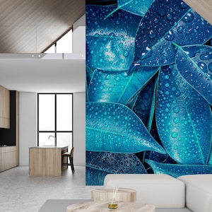 Tropical blue leaves wallpaper, peel and stick, self adhesive, wall decor, Removable Wallpaper