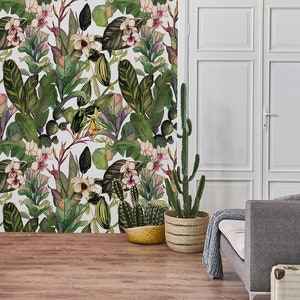 Carta da parati con piante e foglie tropicali con cactus e fiori, carta da parati della giungla, stacca e incolla, carta da parati autoadesiva, decorazione da parete