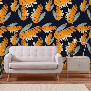 Navy blue wallpaper with yellow leaves, dark wall mural, peel and stick, self adhesive wallpaper, wall decor