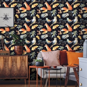 Dark wallpaper with forest animals, autumn leaves, fox and owl, peel and stick wall mural, self adhesive, wall decor