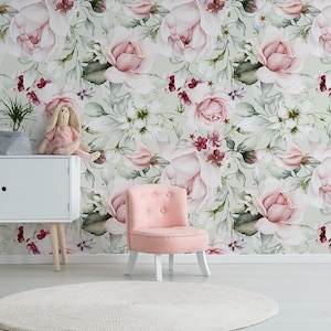Watercolor wallpaper with purple roses and peonies, self adhesive wallpaper, peel and stick wall mural, tropical wall decor