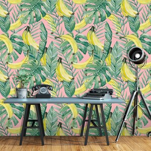 Tropische Aquarell Tapete mit grünen Blättern und Bananen, exotisches Wandbild, selbstklebende Tapete, Wanddeko