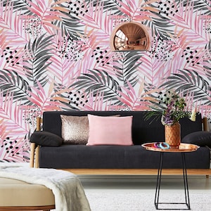 Hellrosa Tropische Tapete mit Palmenblättern und Punkten, exotisches wandbild, Tapete selbstklebend, Wanddekor