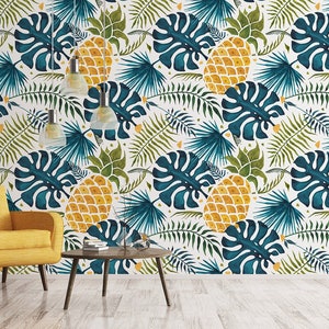 Tropische Tapete mit blauen Monstera-Blättern und gelben Ananas, schalen und aufkleben, Wandbild, selbstklebend, dekorativ