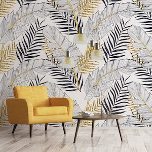 Black and White Wallpaper with Palm Leaves and Yellow Accents, Exotic peel and stick wall mural, self adhesive wallpaper, wall decor