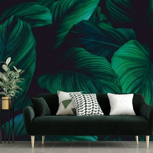 Tropical dark green big leaves wallpaper, exotic wall mural, leaves photo wallpaper, peel and stick self adhesive, wall decor