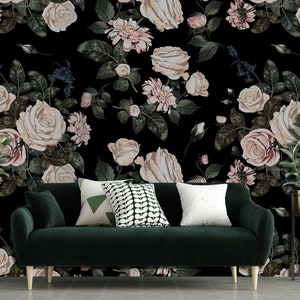 Dark floral wallpaper with pink and beige roses, floral wall mural, peel and stick, self adhesive wallpaper, wall decor