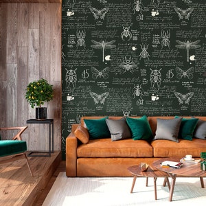 Wallpaper with insects and butterflies, beetles, dragonfly, green wallpaper, peel and stick, self adhesive, wall decor, Removable Wallpaper