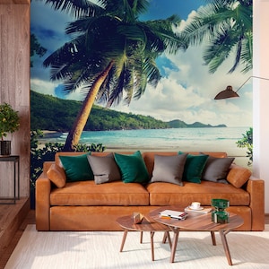 Tropical island wallpaper, sunset on beach, Seychelles, peel and stick, self adhesive, wall decor, Removable Wallpaper