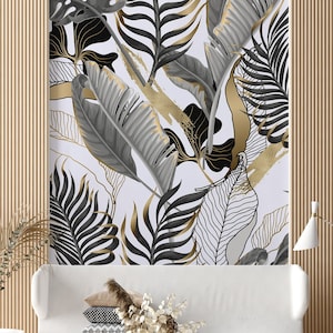 Carta da parati opaca con foglie tropicali in bianco e nero ed elementi gialli, decorazione murale autoadesiva e tropicale