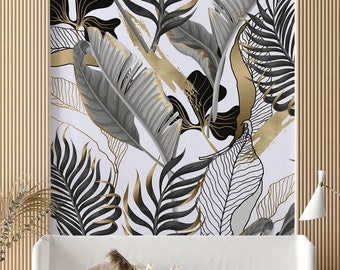Matte wallpaper with black and white tropical leaves and yellow elements, peel and stick wall mural, self adhesive, tropical wall decor