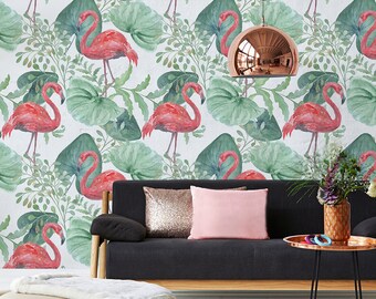 Pastel Watercolor Flamingo Tropical Leaves Wallpaper (Peel and Stick)