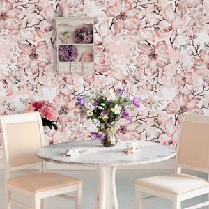 Light pink wallpaper with watercolor flowers and leafs, floral wall mural, peel and stick, self adhesive wallpaper, wall decor