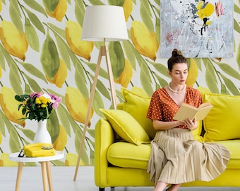 Papel pintado de ramas de limón en acuarela, mural de pared autoadhesivo de frutas amarillas