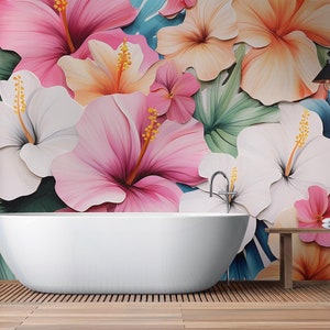 Watercolor floral wallpaper, summer botanical home decor, Wall Art, Removable, Peel and Stick or Non Self Adhesive (Vinyl), Wall Decor