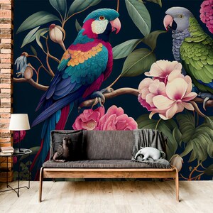 Tropical wallpaper with parrots and flowers, Wall Mural, Removable, Self Adhesive (Peel and Stick), Non Self Adhesive(Vinyl), Wall Decor