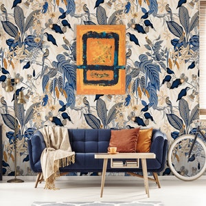 Floral wallpaper with blue and yellow leaves and birds, floral wall mural, peel and stick wallpaper, self adhesive, wall decor
