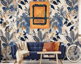 Floral wallpaper with blue and yellow leaves and birds, floral wall mural, peel and stick wallpaper, self adhesive, wall decor