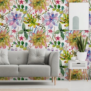 Tropical watercolor flowers, green and purple flowers and leaves, floral wall mural, peel and stick, self adhesive wallpaper, wall decor