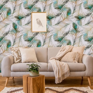 Wallpaper with peacock feathers pattern, blue and green watercolor feathers, peel and stick wall mural, self adesive wallpaper, wall decor