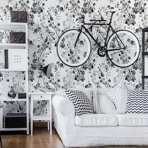 Black and white wallpaper with little watercolor black flowers, floral wall mural, peel and stick wallpaper, self adhesive, wall decor
