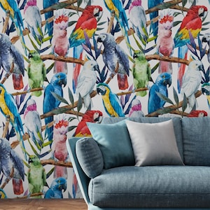 Watercolor parrot wallpaper, Removable, Wall Mural, Self Adhesive (Peel and Stick), Non Self Adhesive (Vinyl/Traditional)