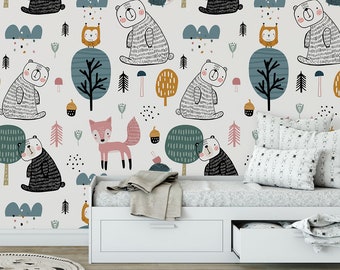 Forest Animals Peel and Stick Wallpaper, Kids Nursery Wall Mural, Woodland Decor
