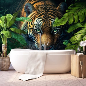 Tiger wallpaper with tropical leaves, Wall Mural, Removable, Self Adhesive(Peel and Stick) or Non Self Adhesive (Vinyl/Traditional)