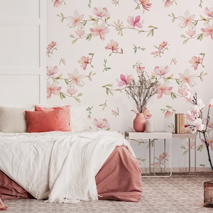 Beautiful Watercolor Floral Wallpaper with Pink Magnolia Flowers, Floral peel and stick wall mural, self adhesive wallpaper, wall decor