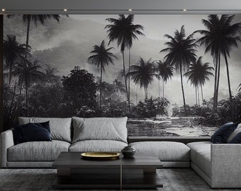 Black and white tropical landscape wallpaper, Wall Mural, Self Adhesive (Peel and Stick), Non Self Adhesive (Vinyl/Traditional), Removable