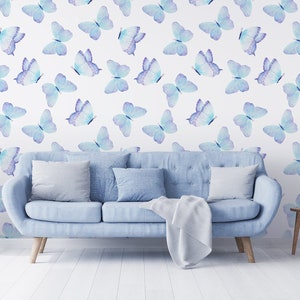 Watercolor butterfly wallpaper, self adhesive wallpaper, peel and stick wall mural, tropical wall decor